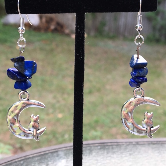 PeaceFrog Jewelry - Blue Lapis Lazuli Cat in Moon Earrings